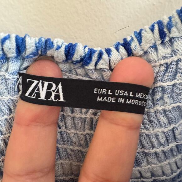 Zara Linen Maxi Dress Blue White Floral Sz L Strap - Picture 4 of 6